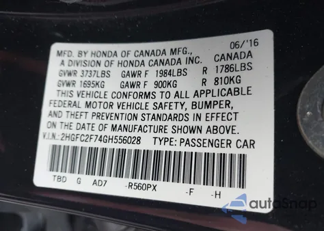 2016 Honda Civic Ex z USA, uszkodzony, nr VIN 2HGFC2F74GH556028